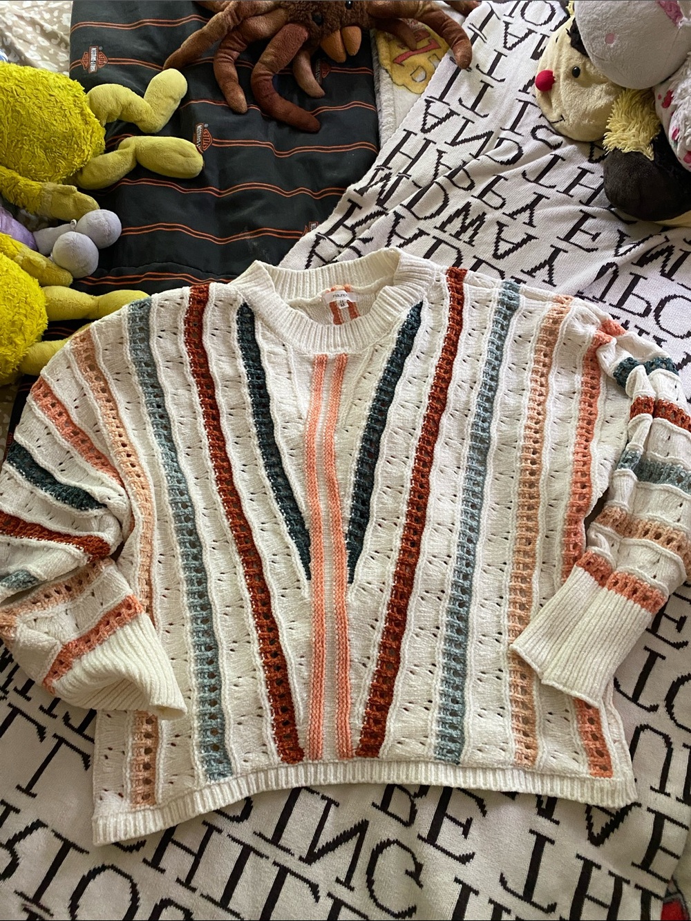 Maurices Cream Crewneck Sweater with Rust, Peach & Teal Stripes - Picture 4 of 8
